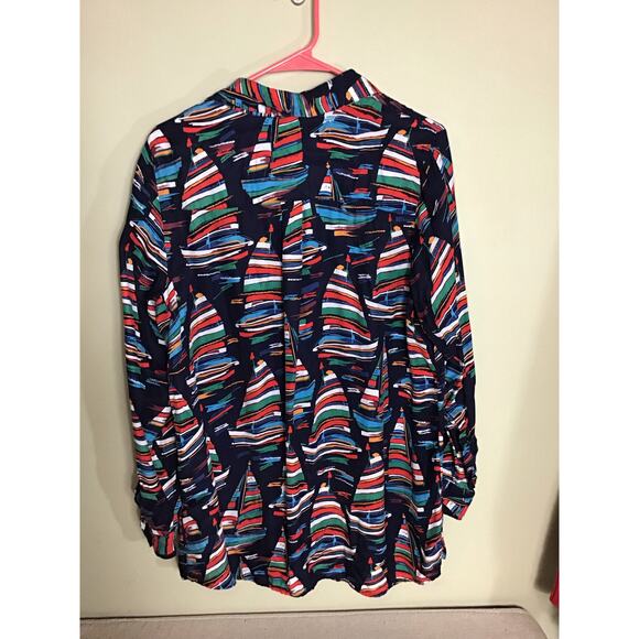 Soft Surroundings Women Sail-away Blouse Sz. Lrg Blue Button up Boat Print top - Picture 5 of 11